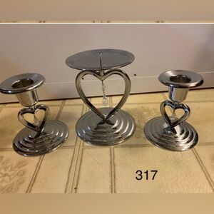 Silver Heart Candle Holders trio / dangling crystal